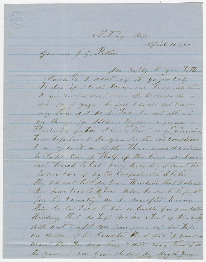 Civil War Letter of Mary Jones Natchez Mississippi 1862