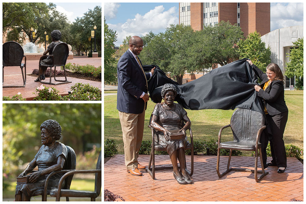 Rodney D. Bennett, University president, and Stace Mercier, executive director of the USM Foundation, unveil Oseola McCarty Statue