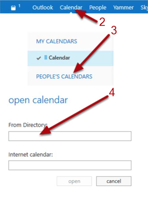Steps 2, 3, and 4 - Select calendar, right-click People's Calendar, open calenda