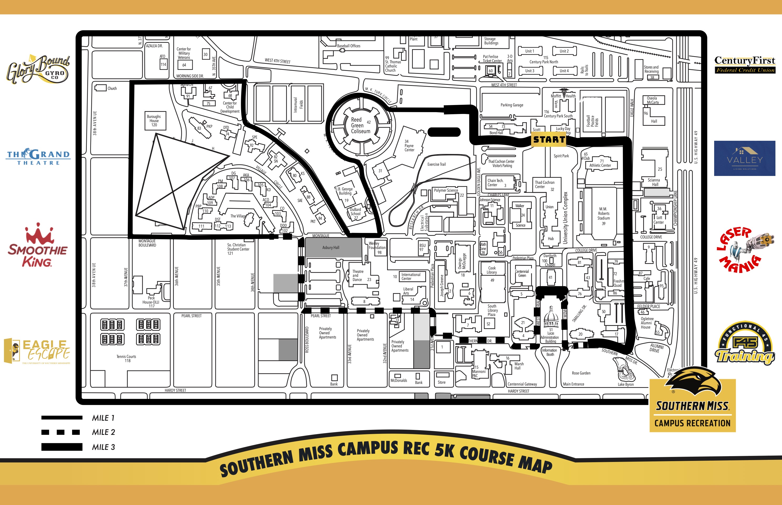 Southern Miss Color Run Course Map 2023