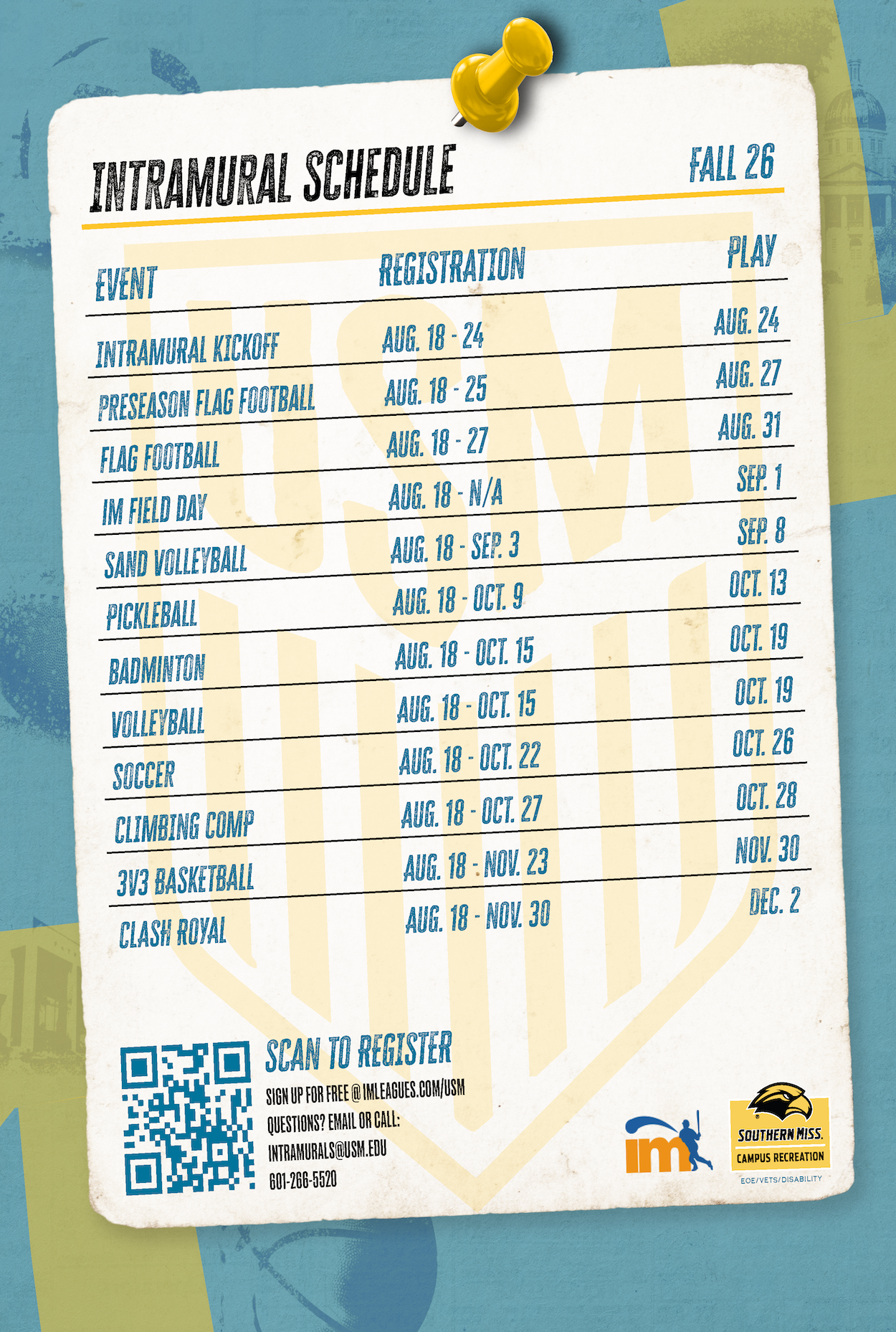 Intramural Sports Fall 2026 Schedule Intramural Sports Fall 2026 Schedule