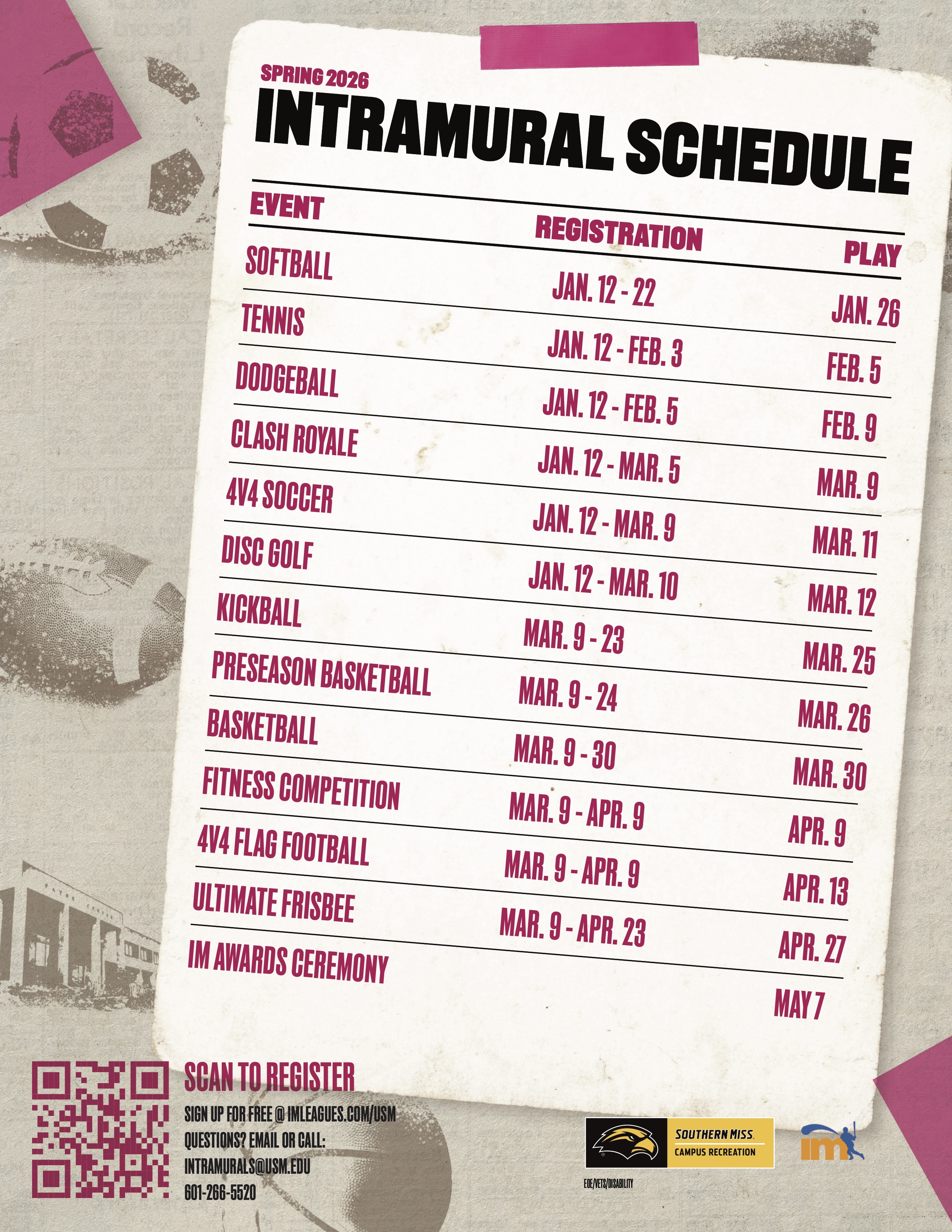 Intramural Spring 2026 Schedule Intramural Spring 2026 Schedule