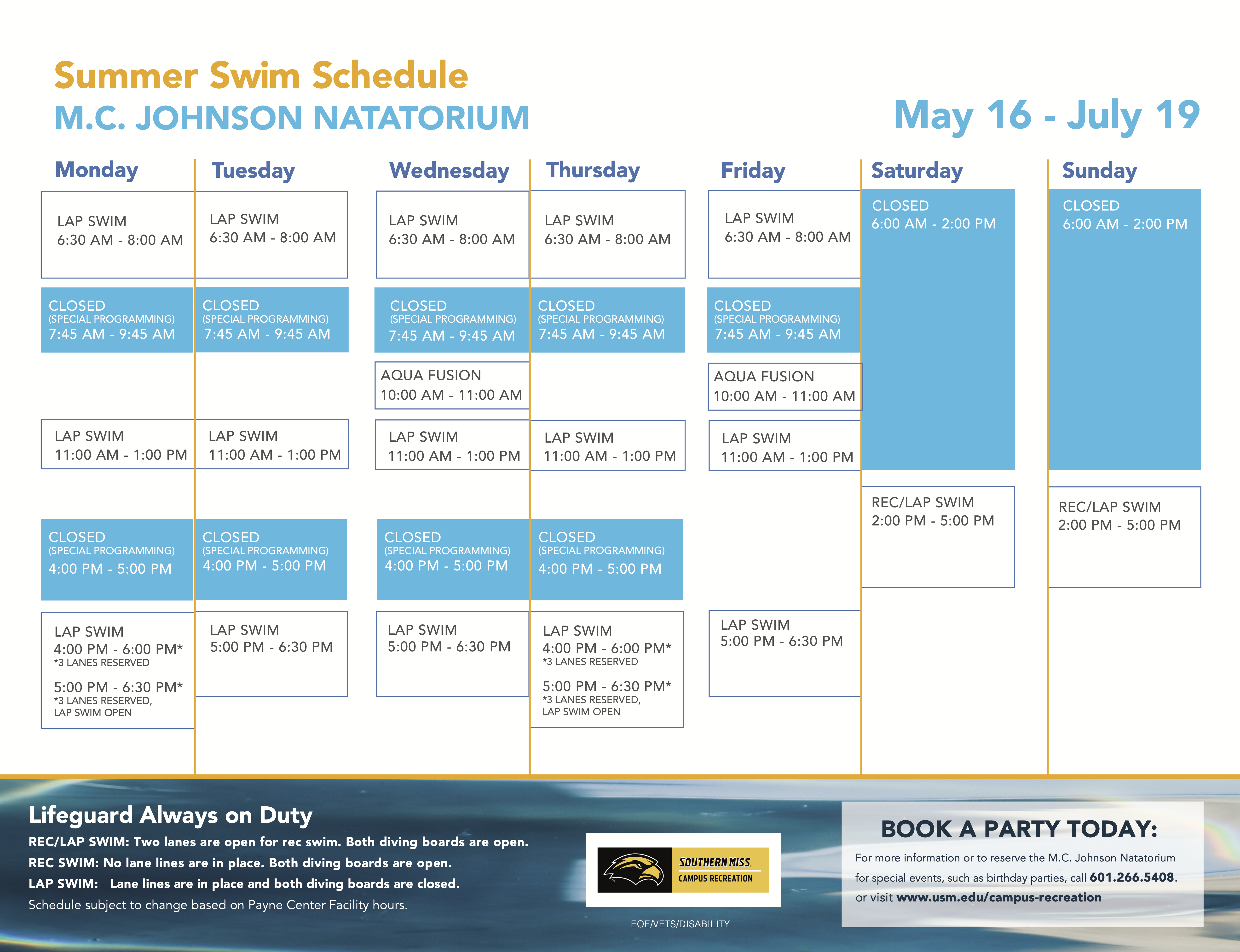 Natatorium Schedule May 16-June 19 Natatorium Schedule May 16-June 19
