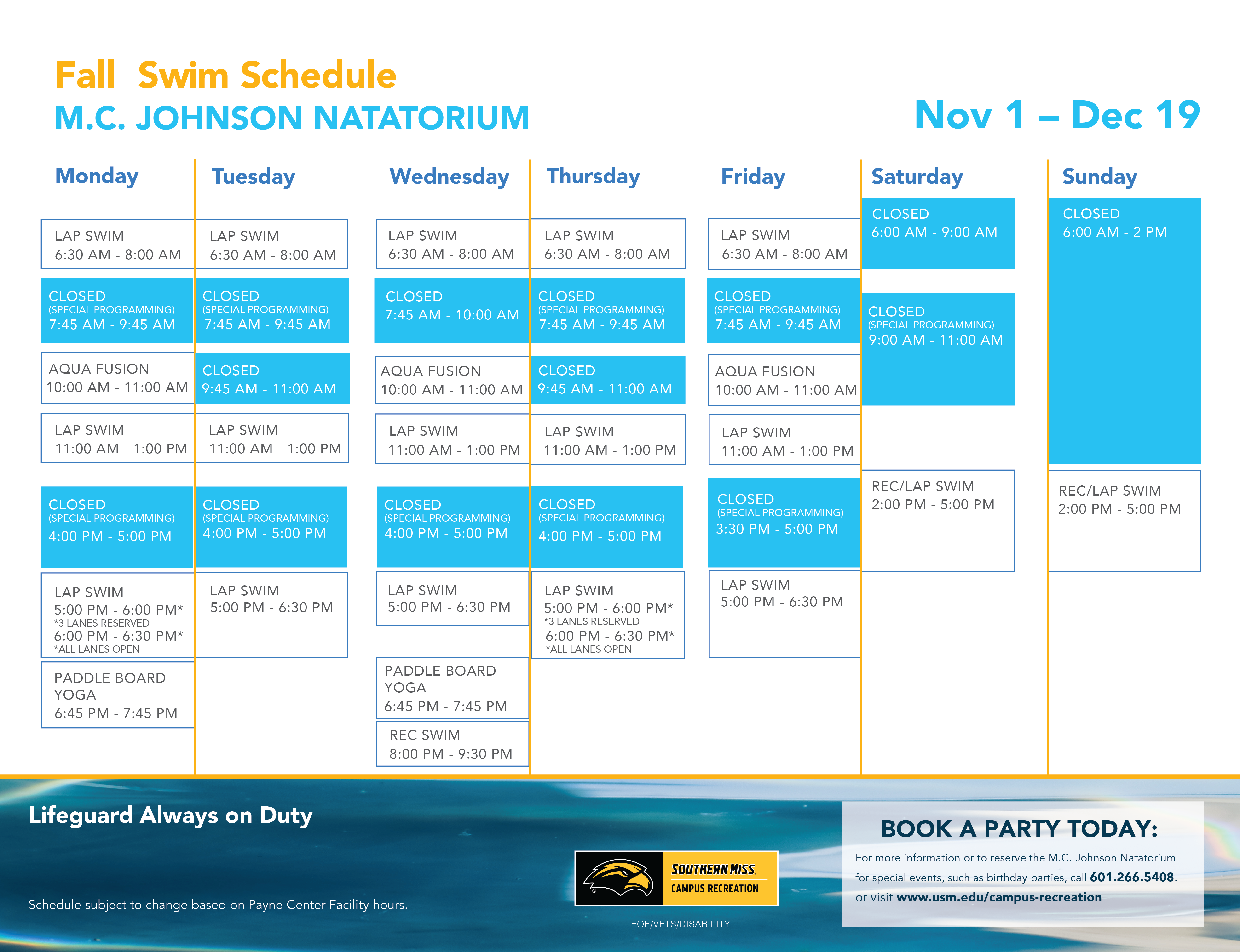 Natatorium Pool Schedule November 1 - December 19 Natatorium Pool Schedule November 1 - December 19