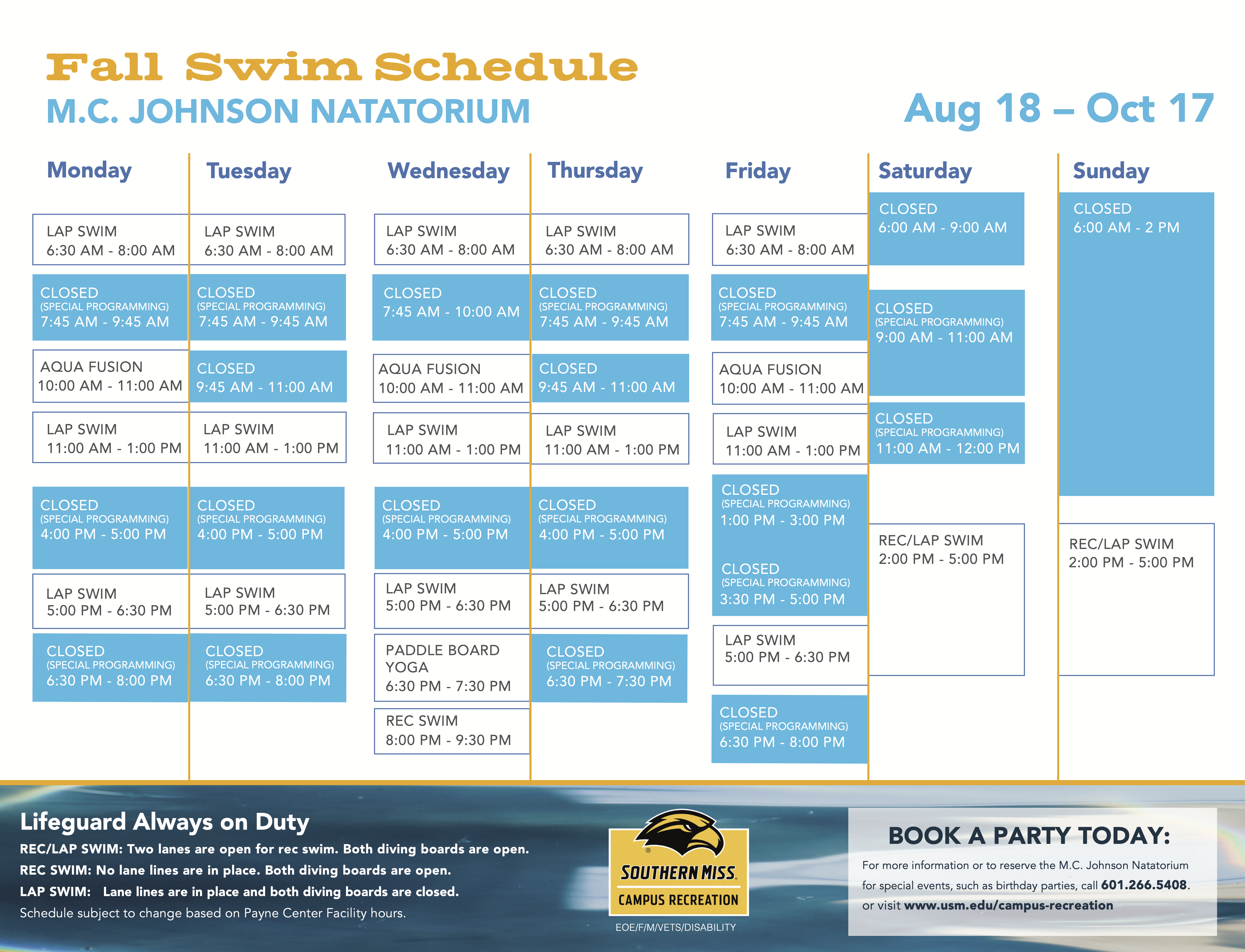Natatorium Fall 1 Schedule Natatorium Fall 1 Schedule
