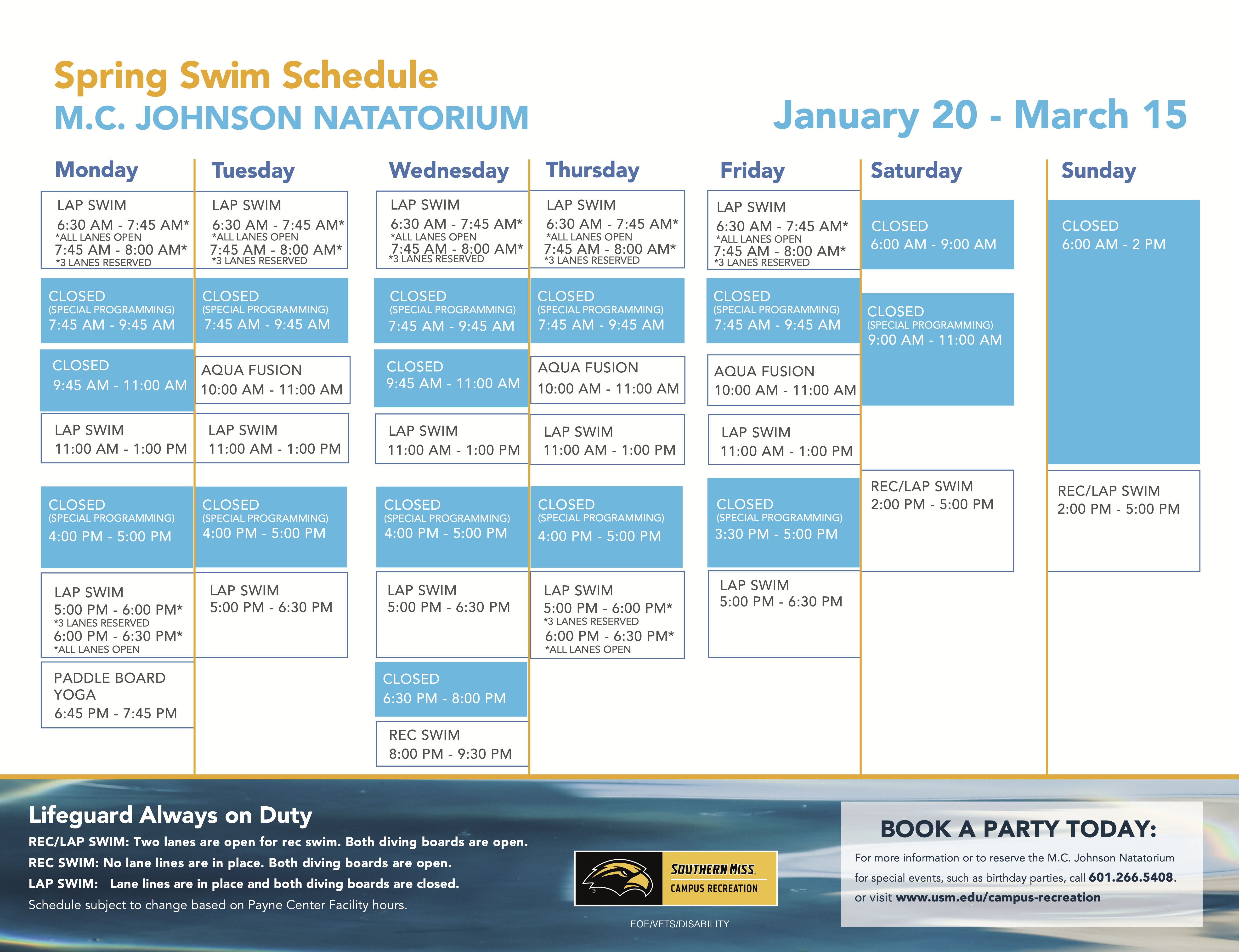 Natatorium Spring Pool Schedule