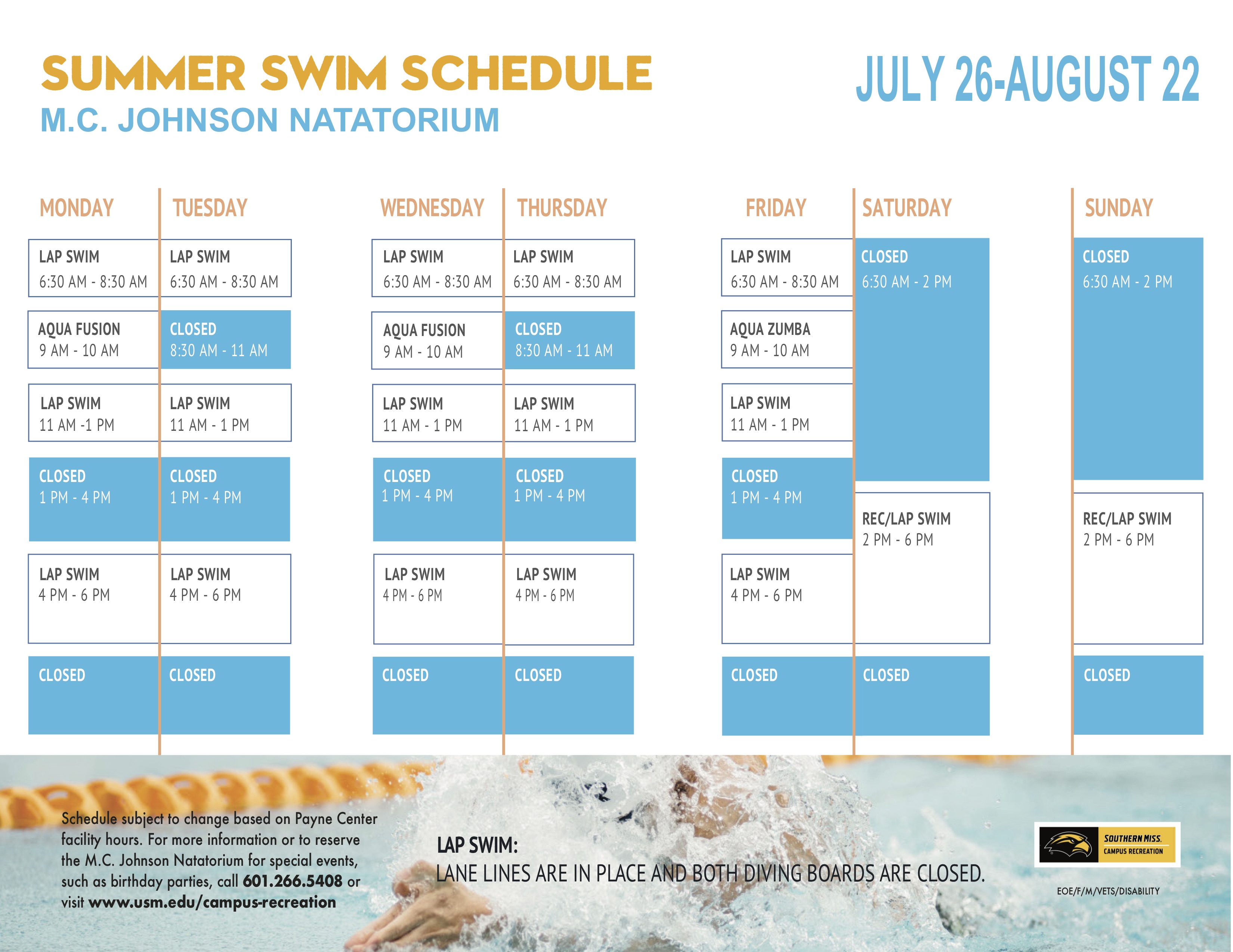Schedules | Campus Recreation | The University of Southern Mississippi