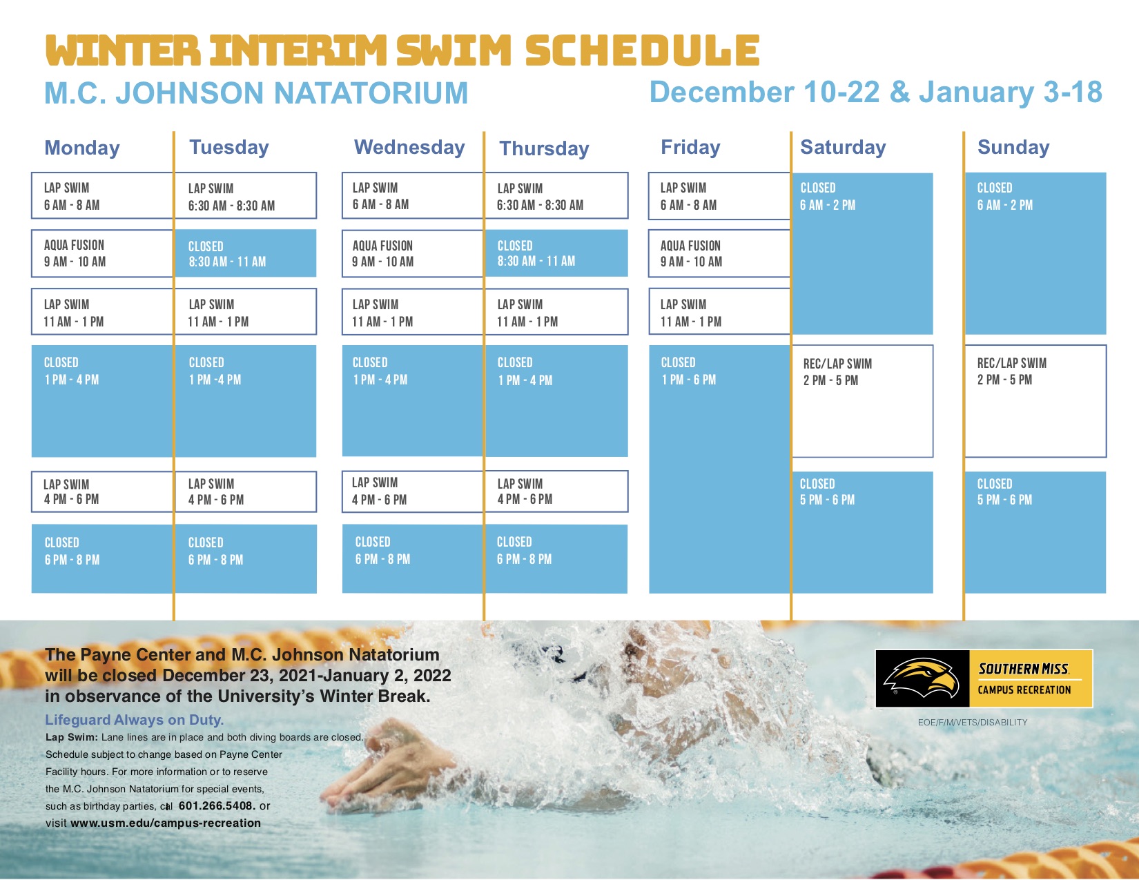 Natatorium Winter Interim Schedule
