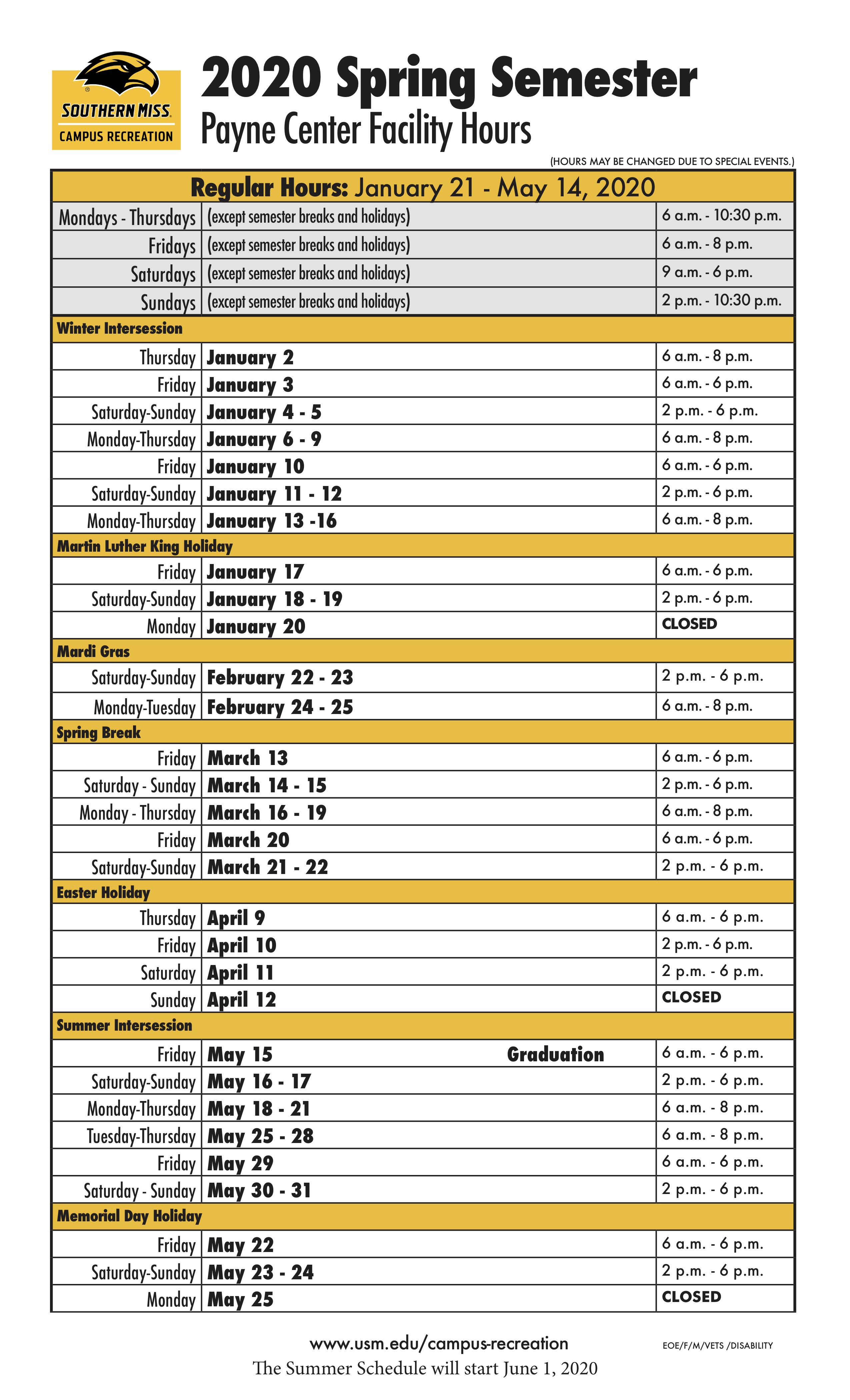 Schedules Campus Recreation The University of Southern Mississippi
