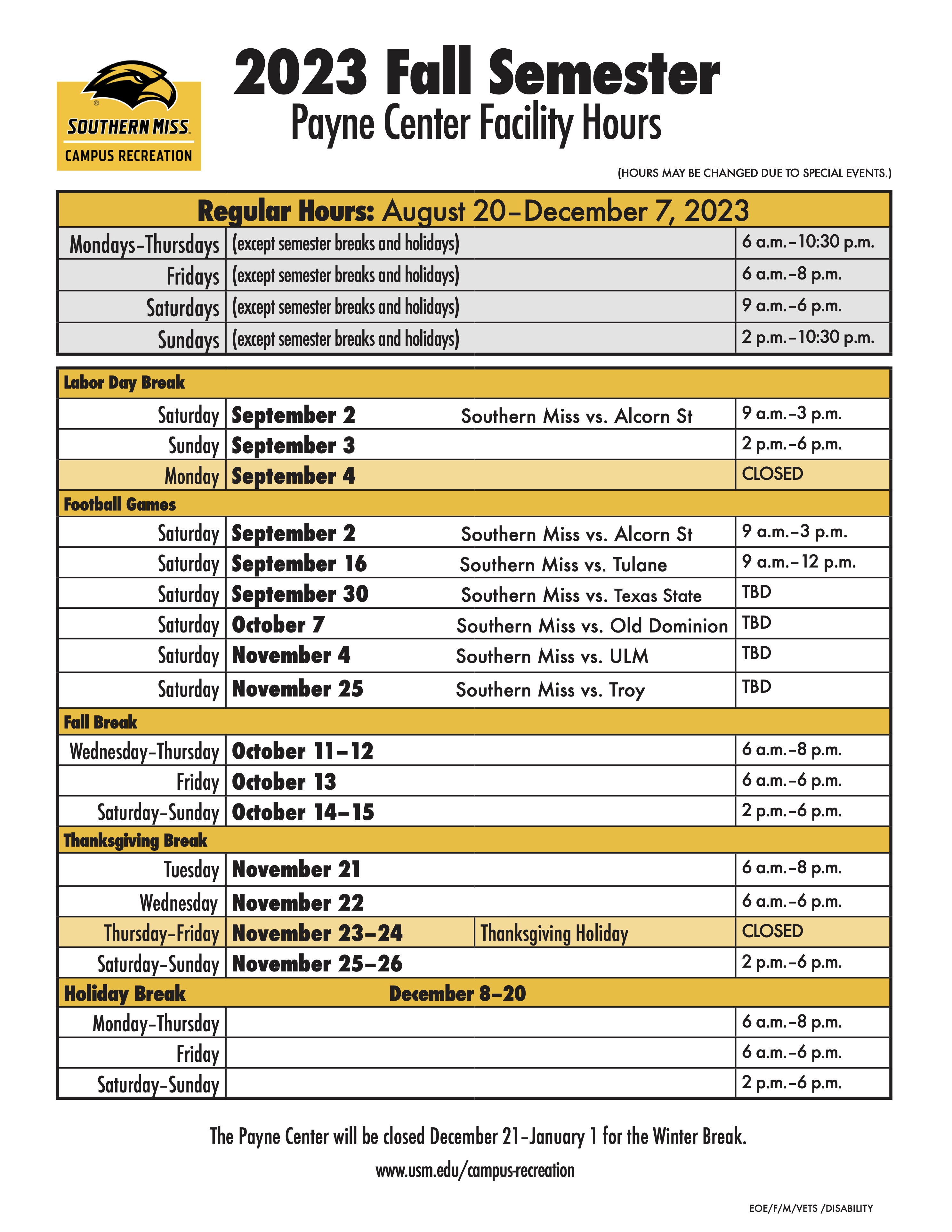 Payne Center Facility Hours Campus Recreation The University of