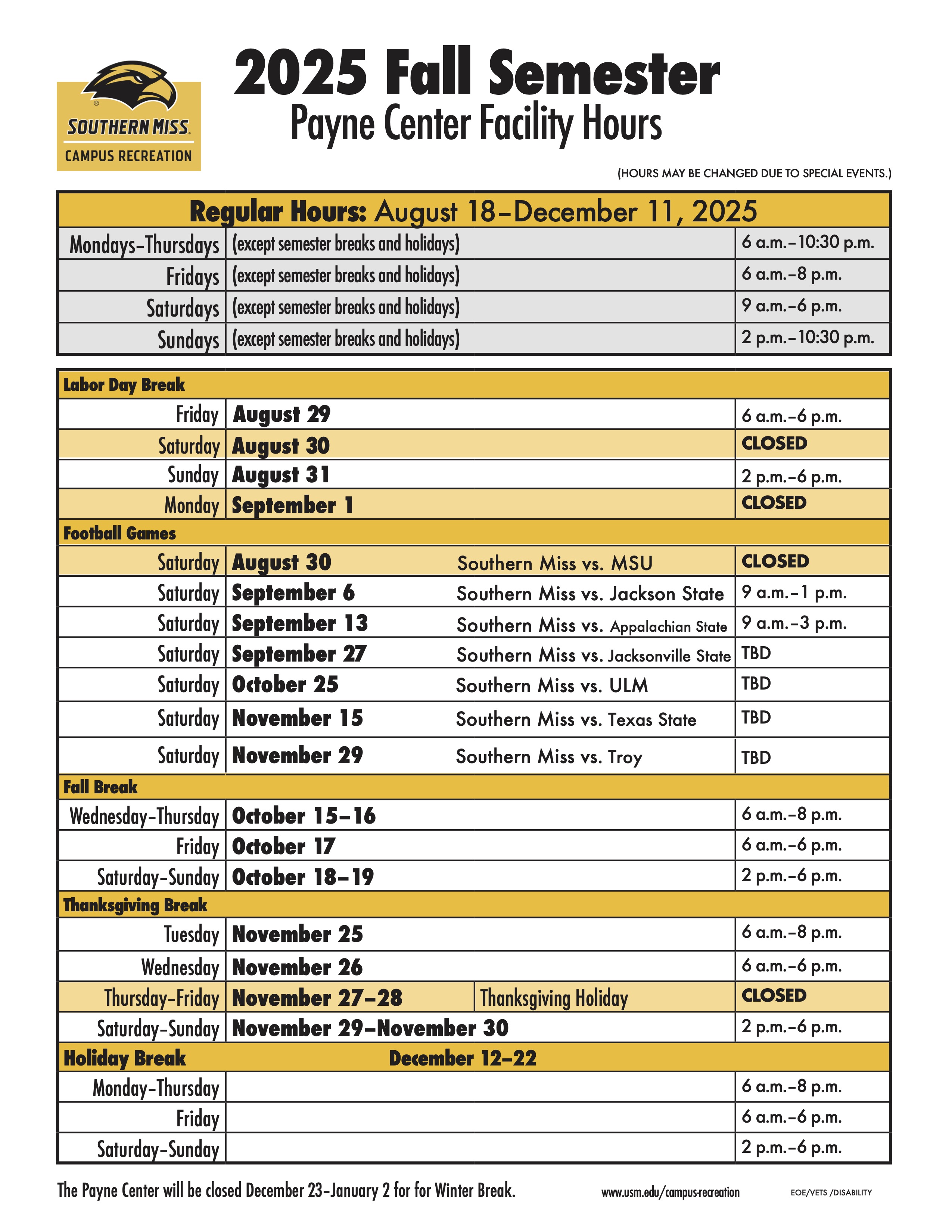 Payne Center Hours Fall 2025