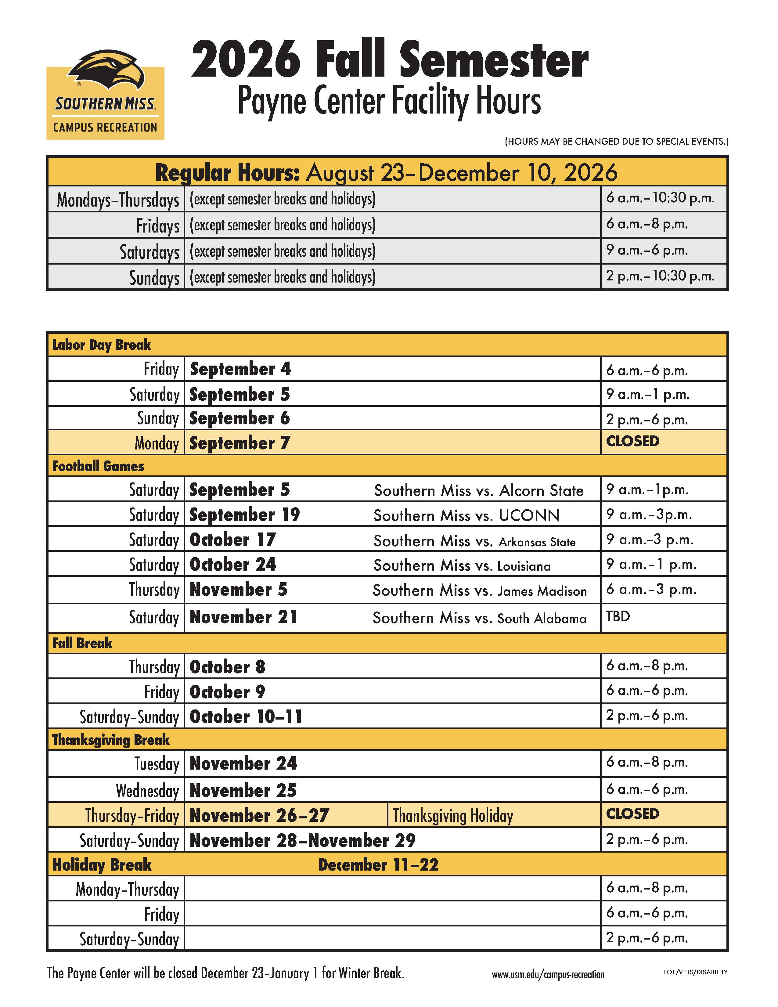 Fall 2026 Payne Center Hours Fall 2026 Payne Center Hours