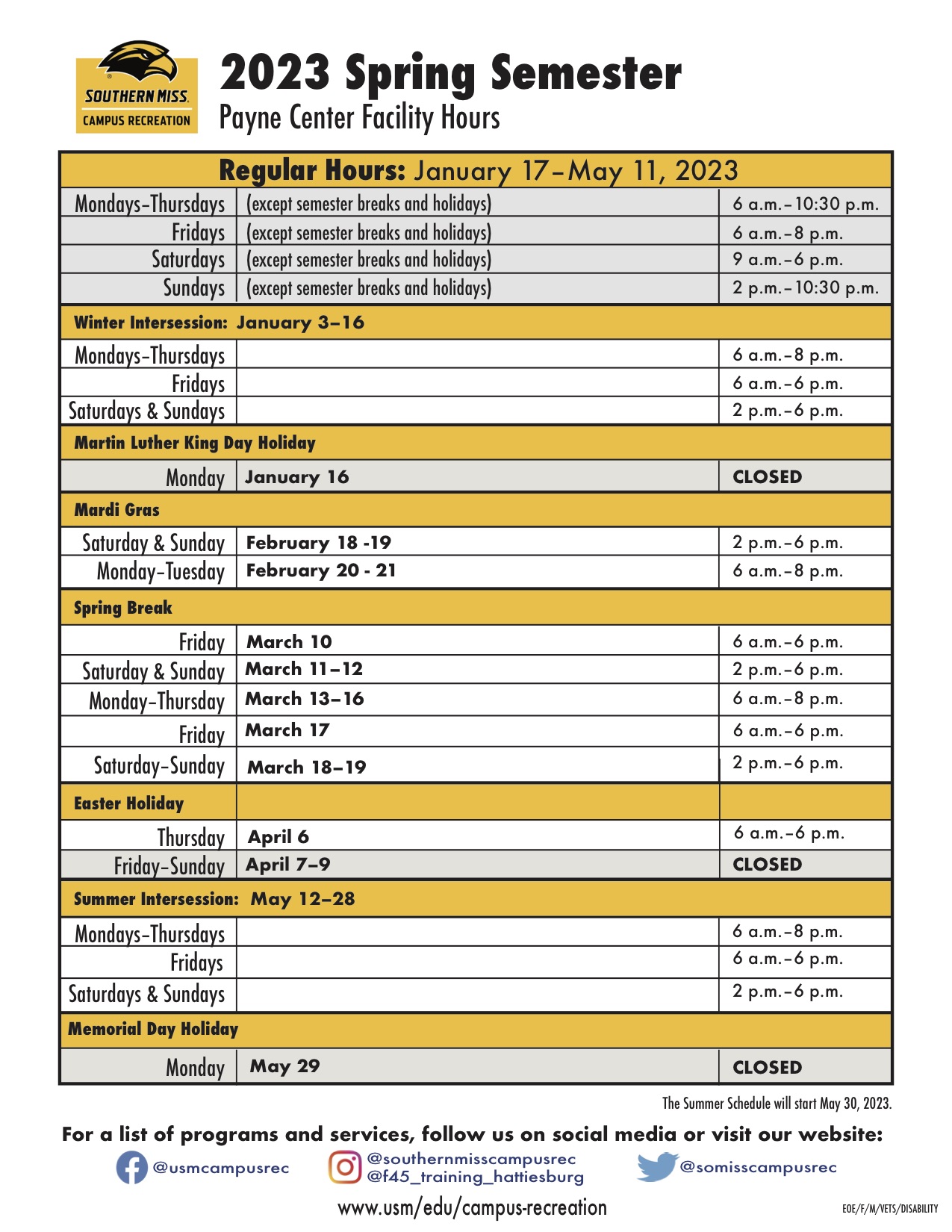 Spring 2023 Payne Center Hours Spring 2023 Payne Center Hours