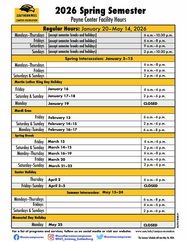 Payne Center Spring 2026 Hours