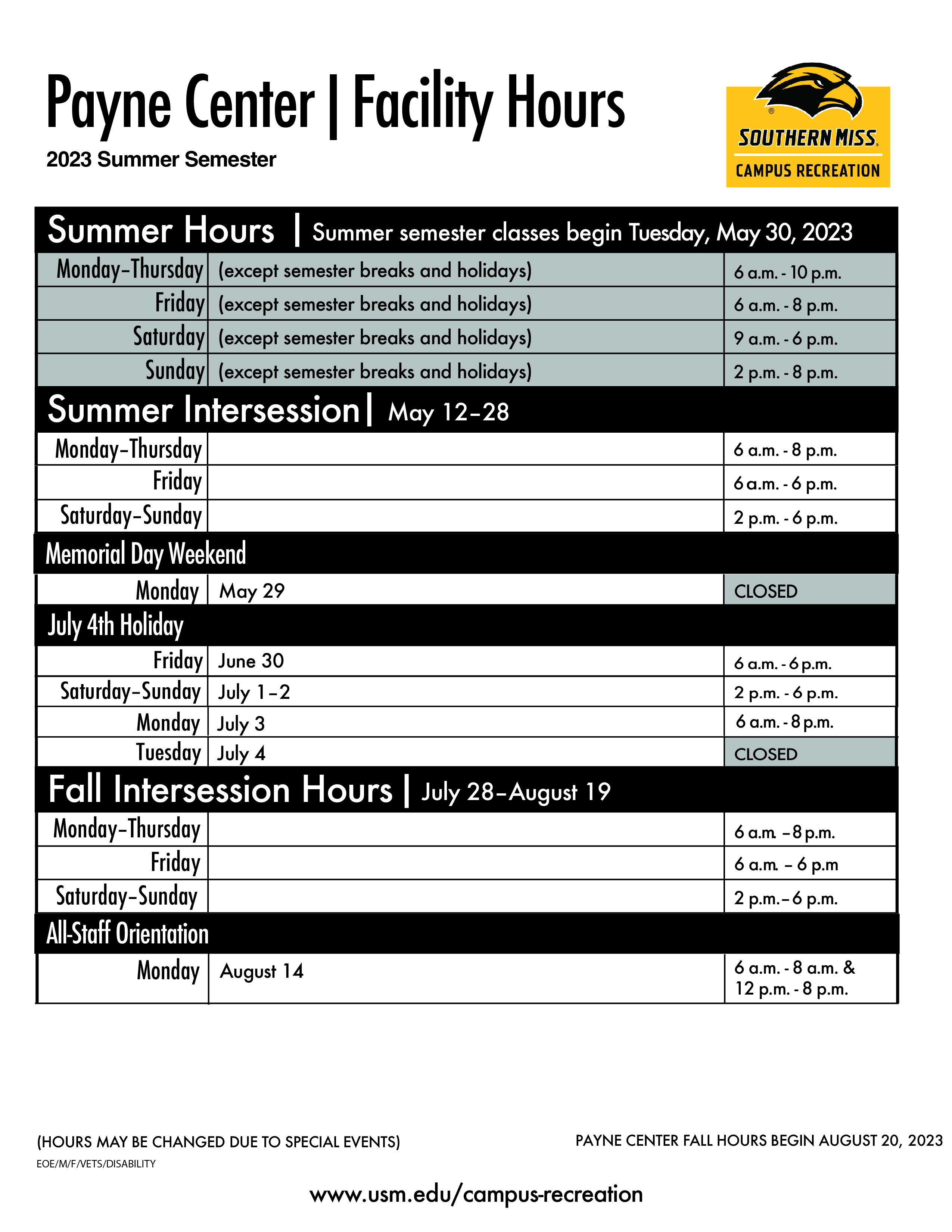 Payne Center Summer 2023 Buliding Hours