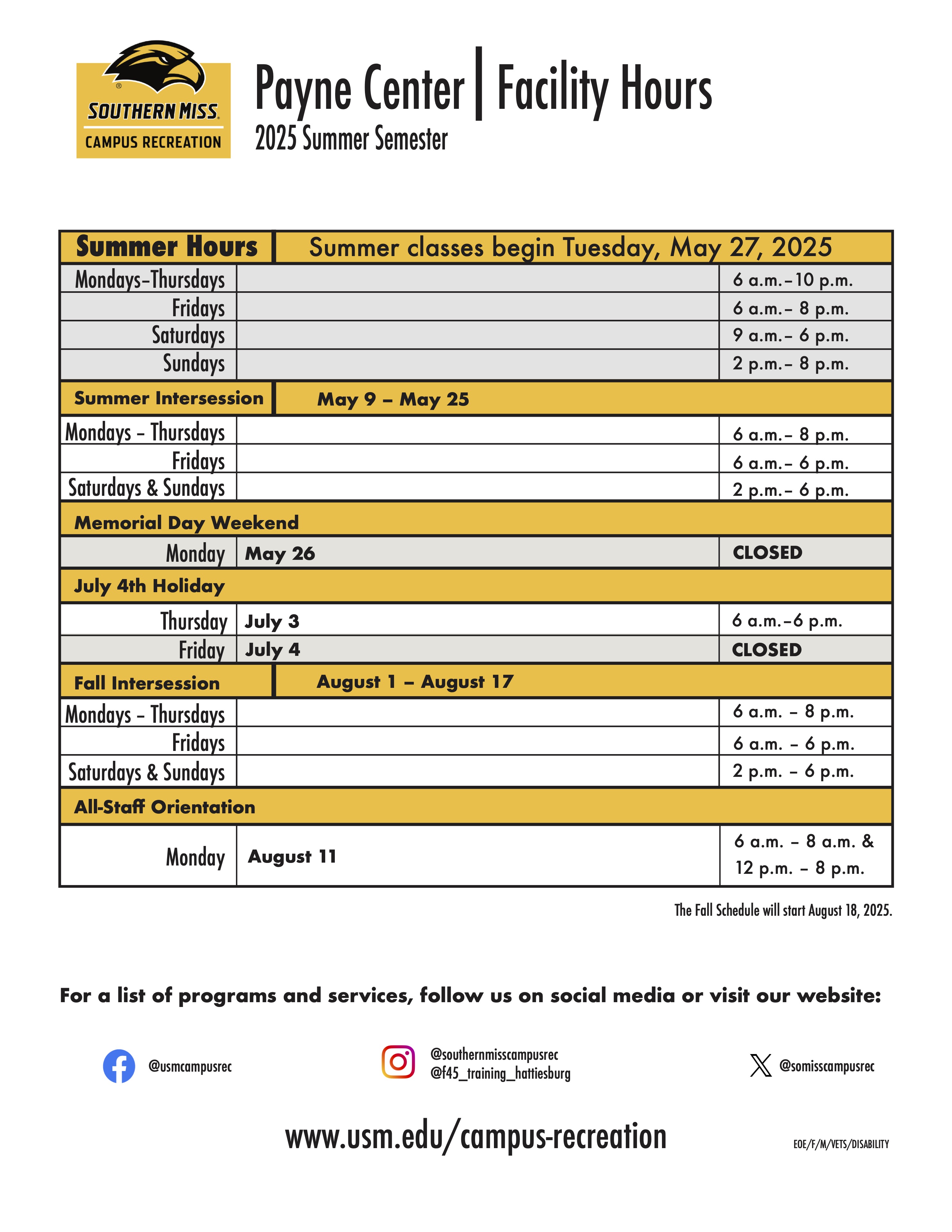 Payne Center Summer 2025 Hours