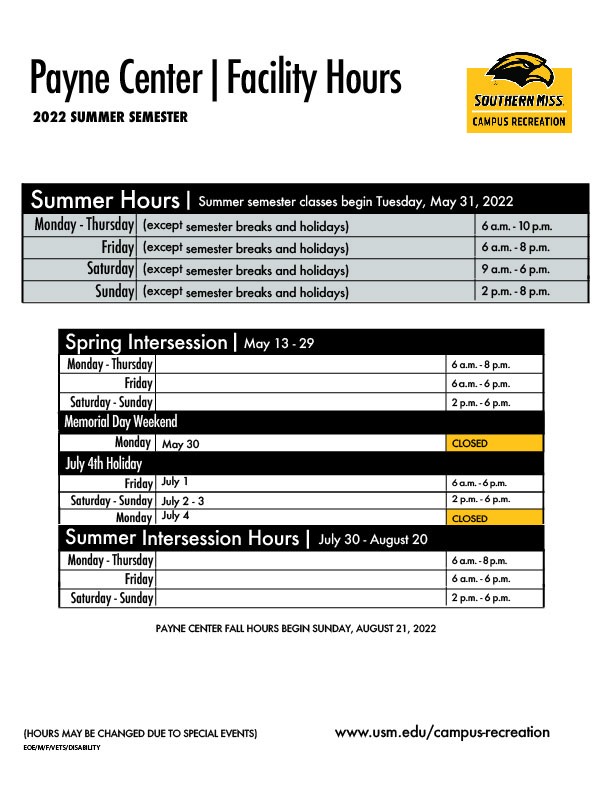 Payne Center Summer 2022 Schedule