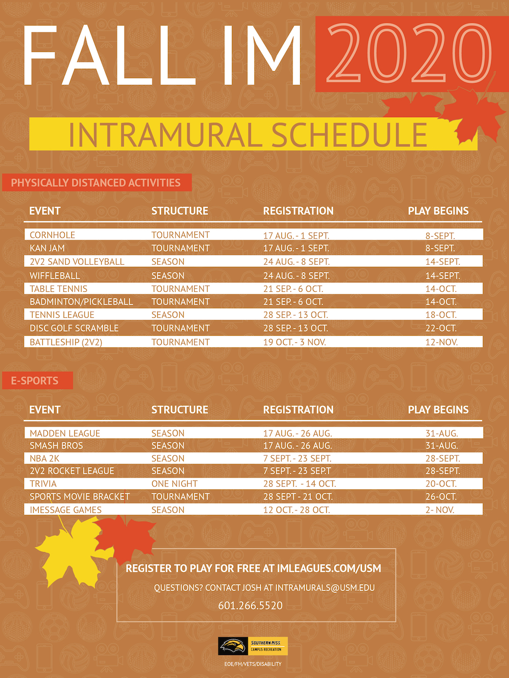 Schedules | Campus Recreation | The University of Southern Mississippi