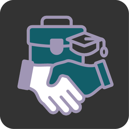 Icon with a briefcase, a mortarboard and a ahndshake
