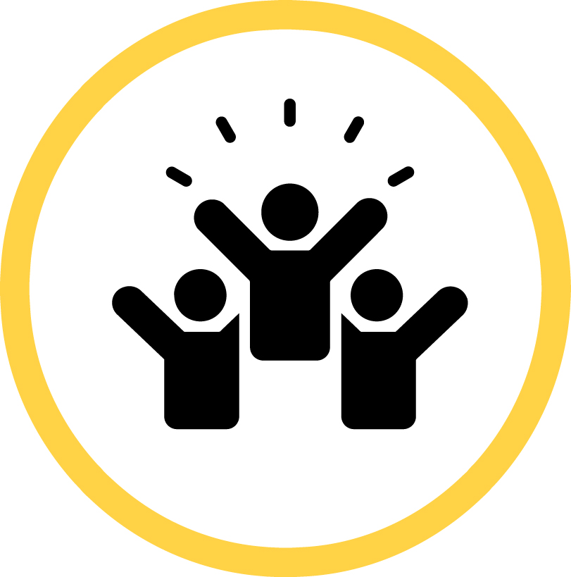 Student life icon depicting three happy, involved students