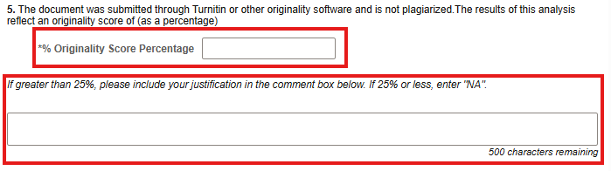Screenshot of originality score and justification entry boxes