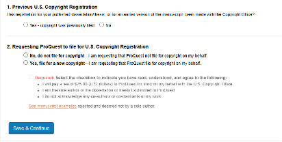 Squeenshot of ProQuest's form to fill out for copyright