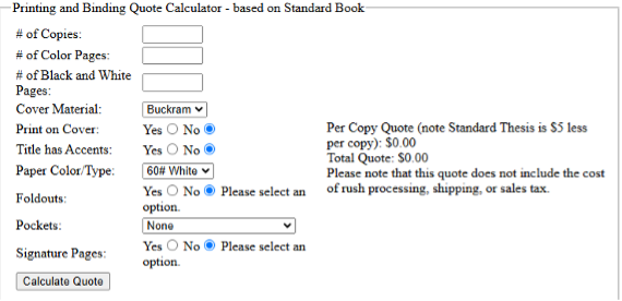 Screenshot of Thesis on Demand's calculator used to determine printing costs