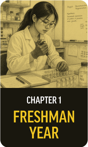 Image of a student in a science lab with the caption "Freshman Year"