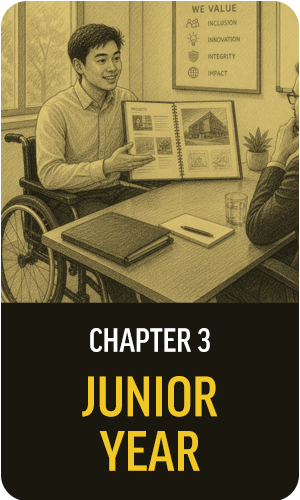 Image of a student getting feedback on a portfolio with the caption "Junior Year"