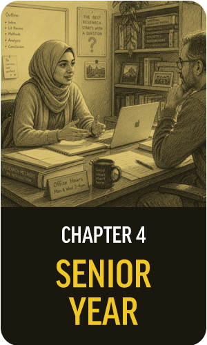 Image of a student consulting with a faculty member with the caption "Senior Year"