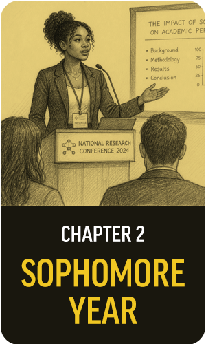 Image of a student giving a presentation with the caption "SophomoreYear"