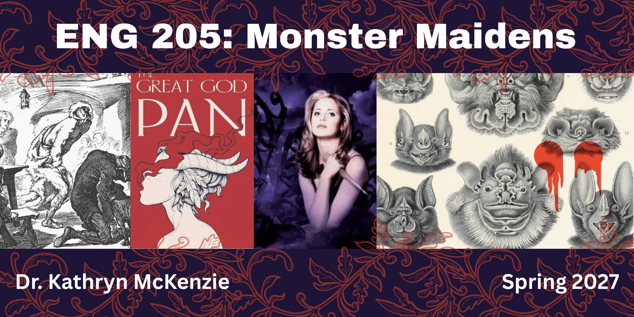 ENG 205 McKenzie A purple and red banner featuring images from the possible texts in the course description.