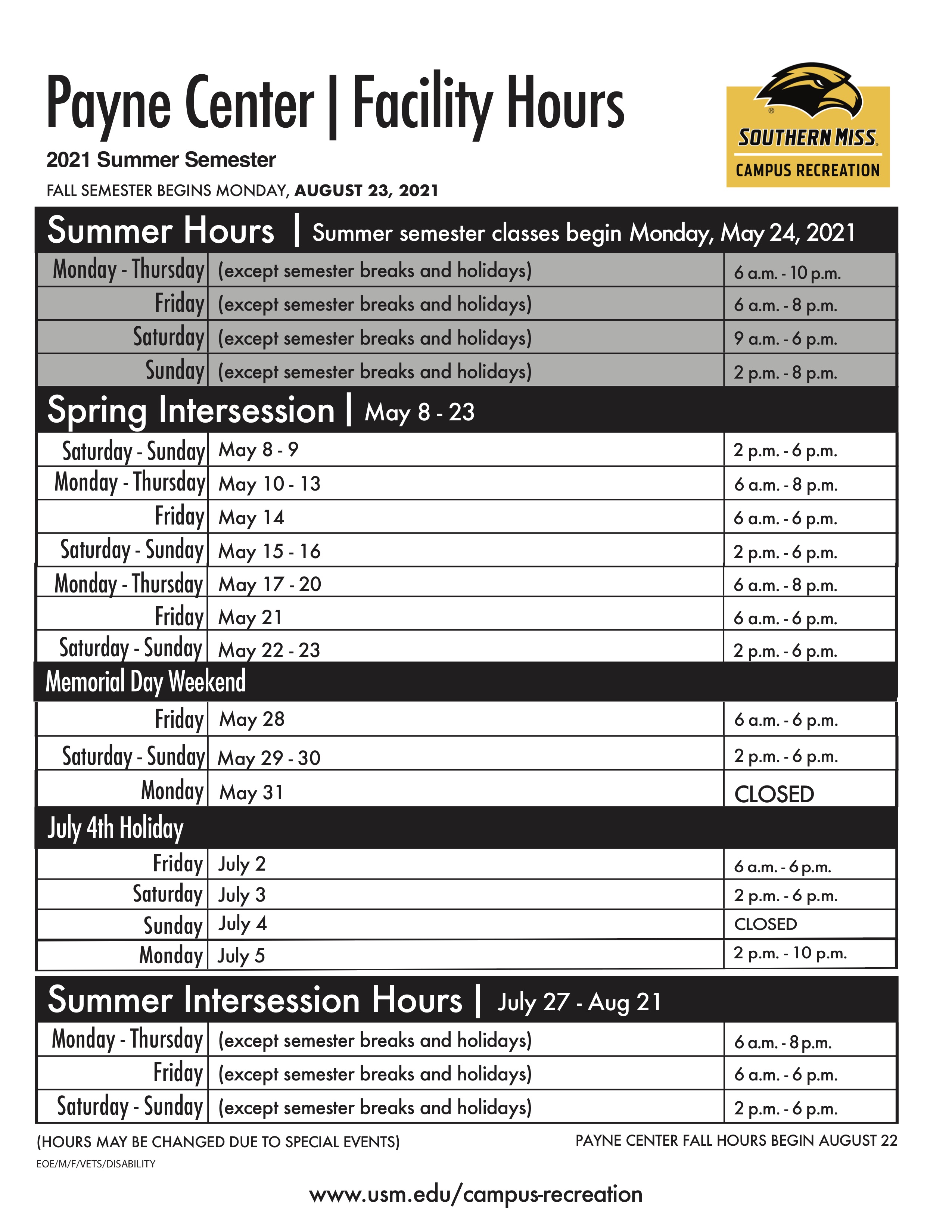 Schedules | Campus Recreation | The University of Southern Mississippi