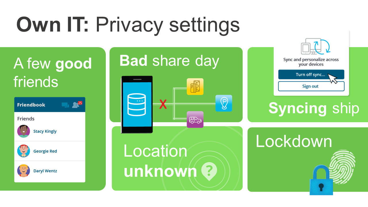 CyberSecurity Privacy Graphic that encourages users to keep their audience small, preferably friends and family, and to not share passwords, as well as to use strong passwords, in order to protect themselces and acquantances.