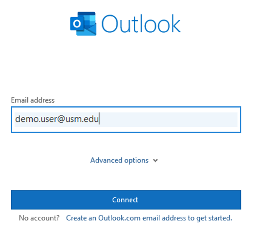 Enter your email address to connect to Outlook