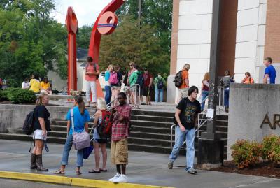 Students mingle outside the Liberal Arts Building on the first day of class Wednesday.