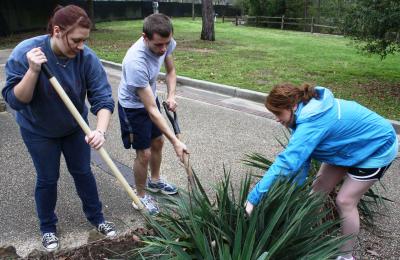 Southern Miss students, from left, Lindsey East of Saucier, Miss., Jonathan Sandig of Saucier, Miss. and Bridgette Isaacs of Gulfport, Miss. work on a landscaping project at the Hattiesburg Zoo recently. The project was part of an annual alternative spring break community service initiative. (University Communications photo by David Tisdale)