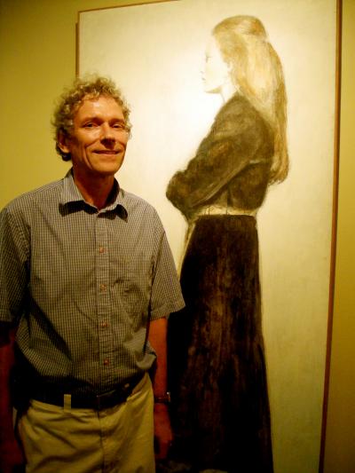Jan Siesling with &quot;The Woman in Black Dress&quot; at the new Cook Library Art Gallery