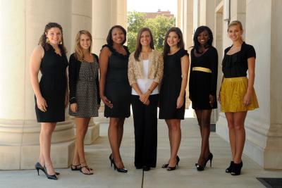 The Southern Miss 2011 Homecoming Court includes, from left: Ann Marie Chilcutt, Sophomore Maid; Nikki Snellman, Junior Maid; Tierra Clemmons, Student Body Maid; Kaitin Dement, Queen; Sicily Axton, graduate maid; Kehsia Dillon, Senior Maid; and Sarah-Bailey Roberts, Freshman Maid. 