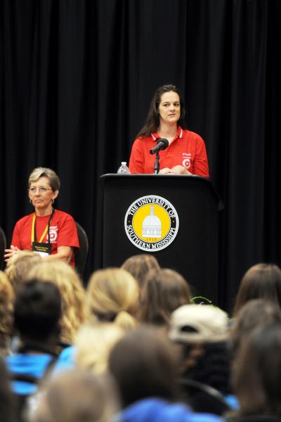 Marija Bekafigo, a professor of political science at The University of Southern Mississippi, speaks to delegates to the American Legion Auxiliary Girls State on the Hattiesburg campus. (Southern Miss photo by Kelly Dunn)