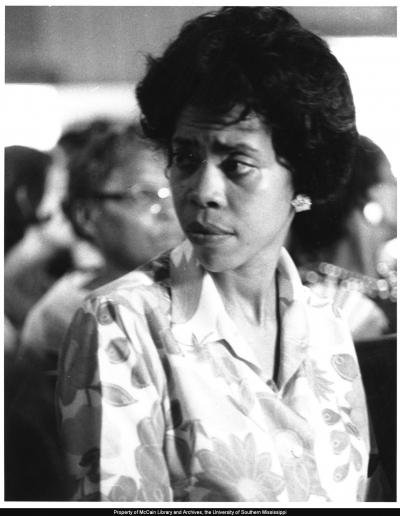 From USM's Civil Rights in Mississippi Digital Archive, the Randall (Herbert) Freedom Summer Photographs; Close-up of local activist Peggy Jean Connor, participating in a meeting of the Mississippi Freedom Democratic Party (MFDP) in Hattiesburg, Mississippi, during Freedom Summer, 1964. 