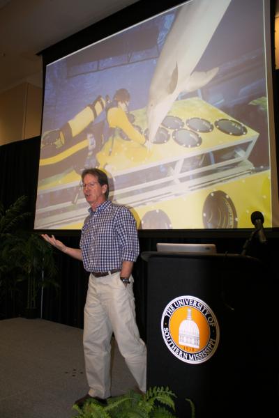 Dr. Stan Kuczaj, professor of psychology and recipient of the 2012 Basic Research Award, discusses his research on dolphins during the 2012 Research Day Program held Nov. 9 at the Thad Cochran Center. 