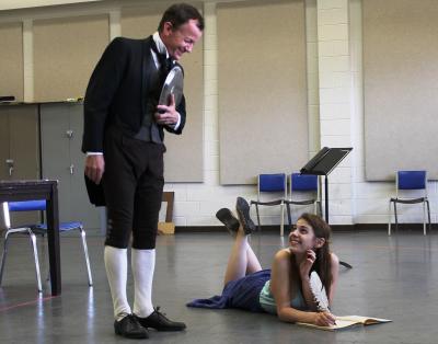 Actors Kris Kuss and Emily Classen rehearse a scene from Arcadia, which opens June 27 at Southern Miss.