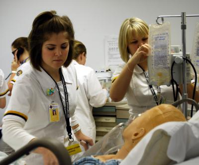 Students in the School of Nursing at Southern Miss practice technique and procedures on mannequins as part of their classroom instruction. 