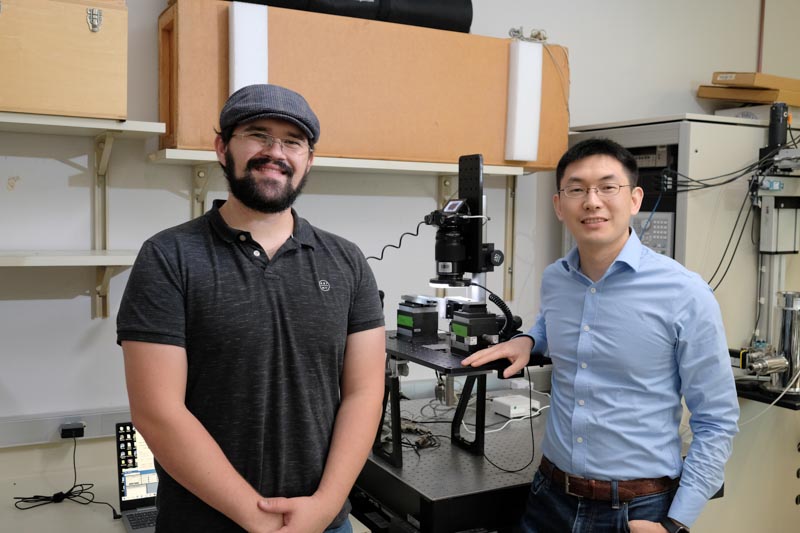 Pictured is graduate student Luke Galuska, left, and polymer Professor Dr. Xiaodan Gu.