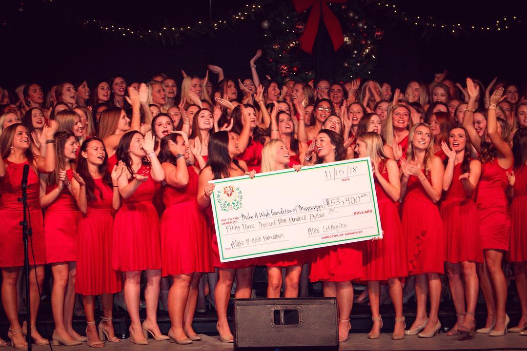Chi Omega celebrating with a donation check