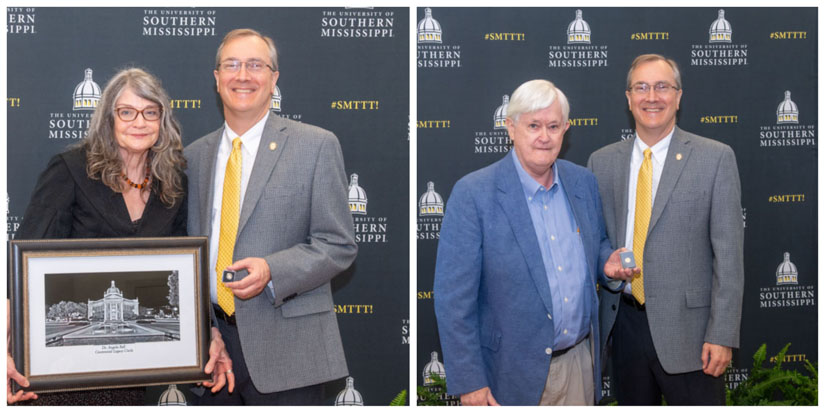 Left: USM English Professor Dr. Angela Ball is presented a portrait of the Aubrey K. Lucas Administration Building by USM College of Arts and Sciences Dean Dr. Chris Winstead, a gift signifying 40 or more years of service, along with induction into the university’s Centennial Legacy Circle Right: USM Art Professor Jim Meade is presented his 50-year service pin by USM College of Arts and Sciences Dean Dr. Chris Winstead 