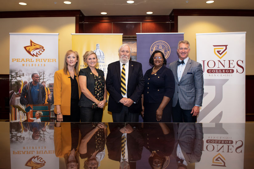 Pictured left to right: Dr. Lachel Story, Dean of USM’s College of Nursing and Health Professions; Dr. Jana Causey, Pearl River Community College Vice President for Forrest County, Allied Health and Nursing Programs; Dr. Gordon Cannon, USM Vice President for Research; Dr. Felicia M. Nave, Alcorn State University President; Dr. Jesse Smith, Jones College President. (Photo by Kelly Dunn)