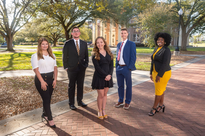 USM Student Government Association (SGA) officers for 2022-23 include, from left, Caroline Genius, Vice President of Judicial Affairs; Christopher “CJ” Lee, Senior Vice President; Ashley Lankford, President; Patterson White, Vice President of Finance and Administration; and Angel Walker, Vice President of Communications (USM photo by Paul Lijewski).