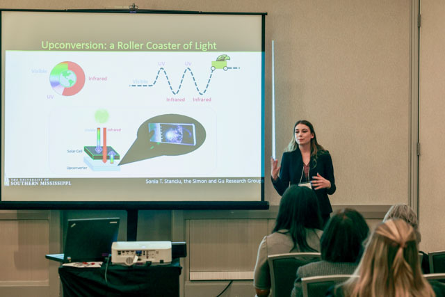 USM doctoral student Sonia Stanciu presents for the Three-Minute Thesis competition at the Conference of Southern Graduate Schools in February.